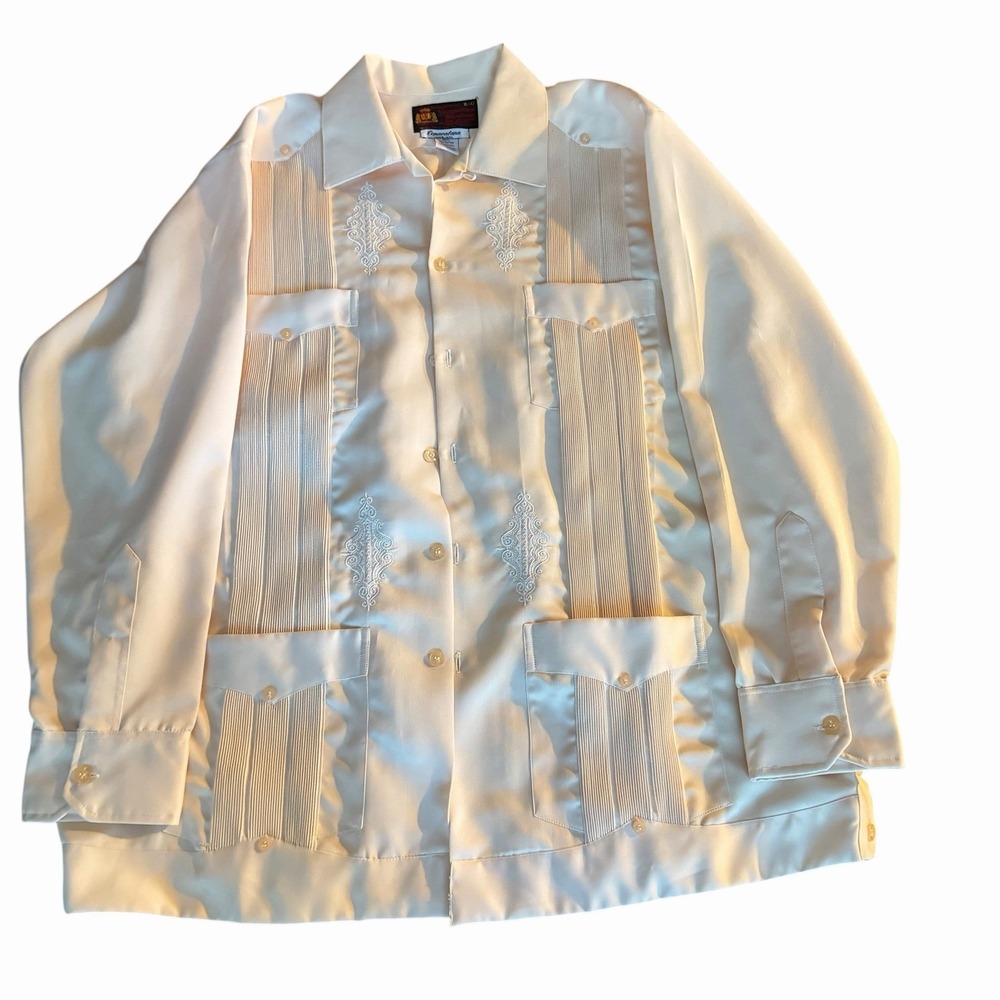 Vintage Guayaberas Yucatecas Shirt Mens XL Cream Copacabana Cuban Satin Silk